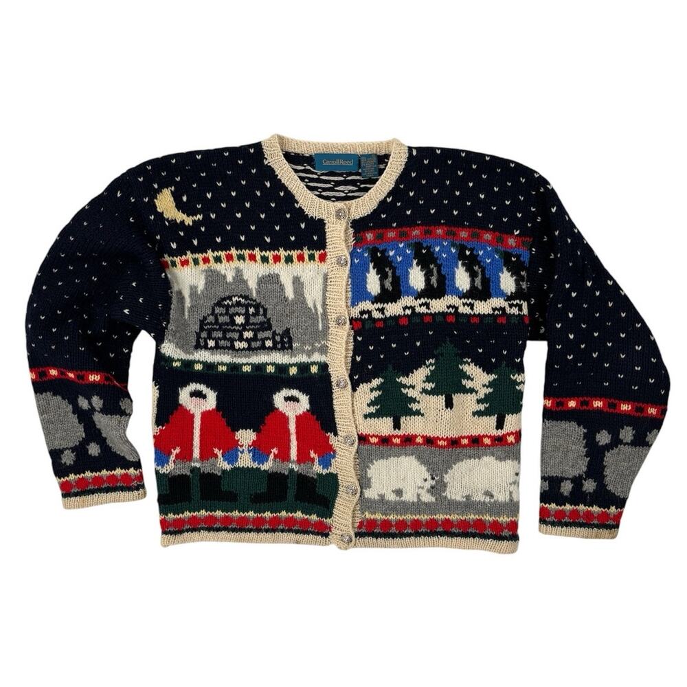 Vintage Carroll Reed Cardigan Shetland Wool Holiday Winter Scene Small Christmas